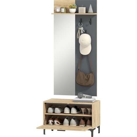 Ensemble d'entrée comprenant un banc à chaussures, un miroir, 3 crochets, des étagères ouvertes et des meubles d'entrée en bois gris. (1/5)