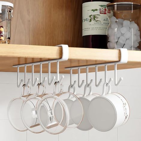Ensemble de 2 crochets pour tasses, idéal pour ranger tasses, ustensiles de cuisine et clés porte-tasses à café sans clous, blanc (1/5)