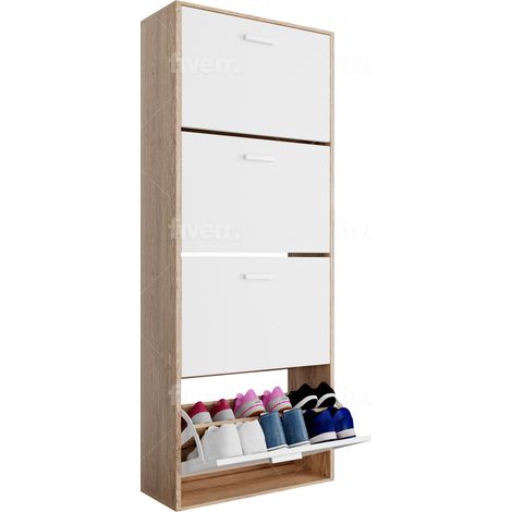 Meuble à chaussures 24 paires – Dimensions L60 x P24 x H150 cm – Bois composite blanc – 4 abattants et étagères ajustables (1/5)