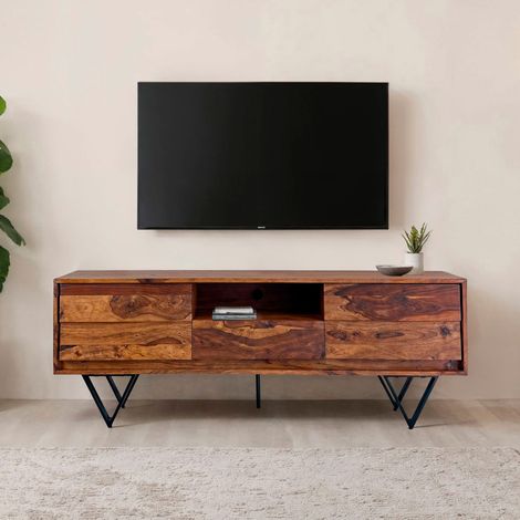 Meuble TV 2 portes 1 tiroir 160x35x56 cm en sheesham et métal noir (1/5)