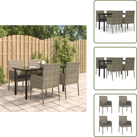 The Living Store 5-tlg. Garten-Essgruppe mit Kissen Schwarz und Grau Poly Rattan - Gartenessgruppe (1/5)