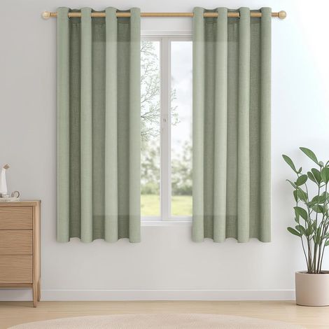 Rideaux Voilage en Lin Vert Sauge Courts 140x145 CM, Rideau Voilage Fenetre Baie Vitrée Translucide à Oeillets, Rideau Voile Effet Lin pour Salon Chambre Cuisine, 2 Pièces (1/5)