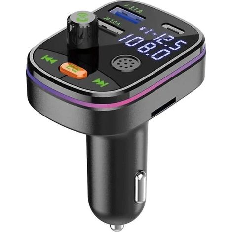 Émetteur FM sans fil Bluetooth 5.0 pour voiture, lecteur MP3 stéréo, chargeur double USB Type-C, kit mains libres, adaptateur compatible avec clés USB et cartes TF. (1/5)