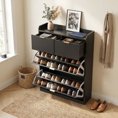 Meuble à chaussures bois, 80x24x110 cm, meuble d'entrée, armoire à chaussures, 2 tiroirs et 2 abattants, style moderne/scandinave, Noir