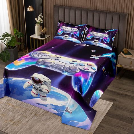 Console de Jeux Garçons Couvre-Lit 260x240,Console de Jeux Garçons Dessus de Lit Jeu Couverture de Lit Galaxy Astronaute Quilting,Space Planet Console de Jeux Garçons Chambre Décor - 260x240cm (1/5)