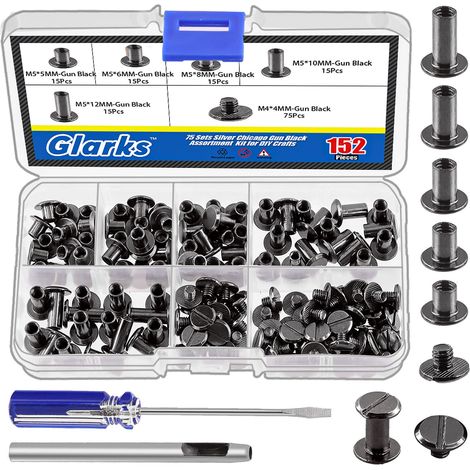 Lot de 150 jeux de vis Chicago noires de type pistolet, rivets Chicago M5 x 5 mm, 6 mm, 8 mm, 10 mm, 12 mm et vis à tête plate et tige 4x4 mm, rivets à clou bouton Chicago en métal (1/5)