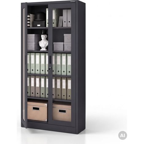 Armoire métallique avec vitrine, anthracite, 900x1850x400 mm: AMELIA