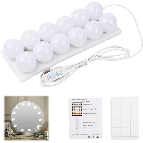 Lumière de Miroir, 12 Dimmable Ampoules Style Hollywoodien de Lumière LED, Lampes de Maquillage et 3 Couleurs 9 Niveaux de Luminosité, Dimmable Lampe pour Miroir de Maquillage et Coiffeuse