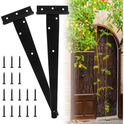 2 Stück robuste Türscharniere, 12 Zoll T-Scharniere, schwarze T-Scharniere mit Schrauben, Edelstahl-Flachscharnier für Fabriktore, Lager, Garten