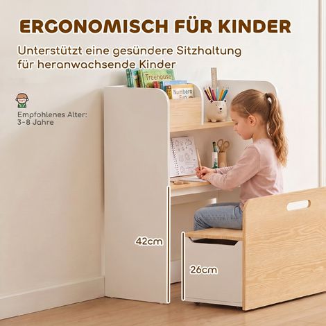 Table enfant 5-en-1 avec banc, bibliothèque intégrée, banquette coffre roulante à rangement pour enfants 3-8 ans (1/5)