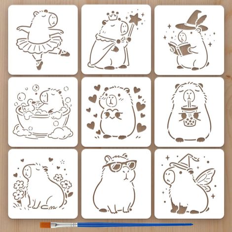 9Styles Pochoirs Motif Capybara Avec Un Pinceau 15x15cm Cartoon Capybara Peinture Pochoirs Pet Animal Thèmes Modèle pour Peinture sur Bois Carrelage Mur Tissu (1/5)