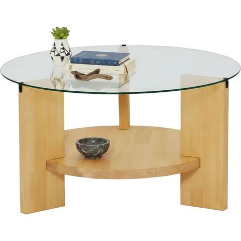 Table basse féline, porte-revues, ronde, structure chêne nuancé, 75x75x40h cm chêne brun