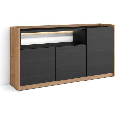 Skraut Home - Credenza, Mobile, Cucina, Madia, mobile ingresso, 156x37x80cm, 3 Porte, LED, Stile moderno, Nero e rovere (1/5)