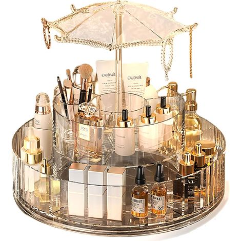 Porte-parfum rotatif 360° pour coiffeuse - Porte-pinceaux maquillage en forme de carrousel, étagères cosmétiques et rangement pour soins, rouges à lèvres, lotions et snacks (1/5)