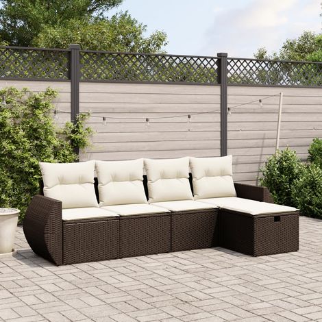 Salon de Jardin 5 Places - Ensemble Modulaire en Résine Tressée Marron avec Coussins Blancs Amovibles et Structure en Acier (1/4)