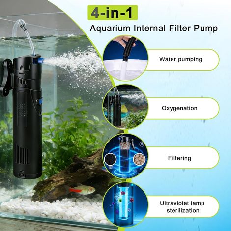 Filtre Pompe Aquarium 4 en 1 avec Lampe UVC 7W, Bulleur Silencieux 700 L/h 18W, Anti Algues, Pompe a Air avec Écumeur, Éponge et Média, pour Bacs 150-300L, Aquariums Complets et Eau Douce (1/5)