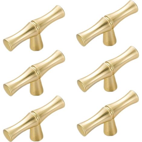 Lot de 6 poignées de meuble en alliage de zinc massif en forme de bambou, pour tiroirs, placards et portes (un trou, doré) (1/3)