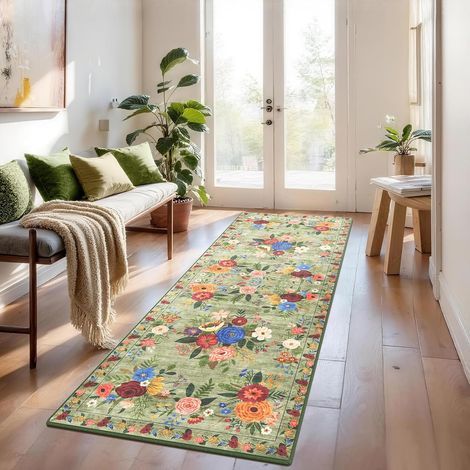 Hallway Runner Rug 60x240 cm, Vintage Floral Pattern, Soft Short Pile Boho Non-Slip Rug, for Kitchen, Living Room, Bedroom, Office, Entrance, Green (1/5)