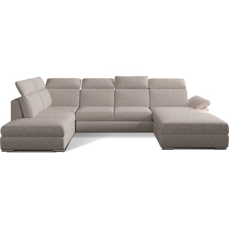 Canapé panoramique convertible LEVANO tissu - Rangement et appuie-têtes réglables à droite-Beige clair-Coffre à droite (1/5)