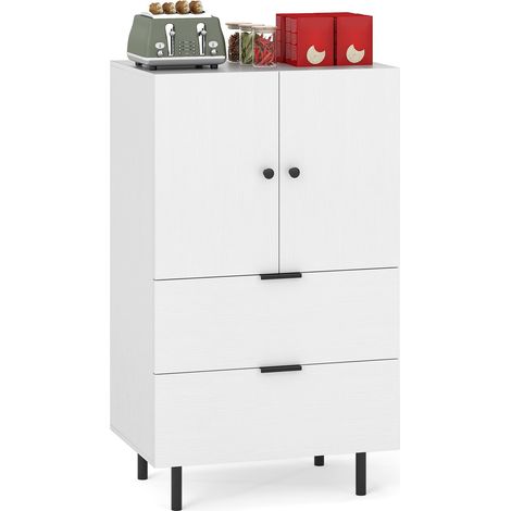 Credenza a 2 ante con cassetti e contenitore 60 x 41,5 x 102 cm, Mobile bar indipendente con gambe in metallo, Vetrina per soggiorno, Cucina, Bianco (1/5)