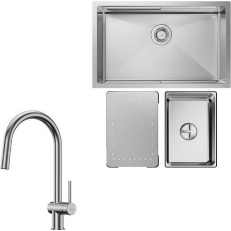 Fregadero de cocina 1,5 lavabos Fregadero de acero inoxidable de 70x44 cm Fregadero bajo encimera cepillado + grifo de cocina extraíble cepillado con 2 tipos de chorro grifo de cocina alto 425 MM (1/5)