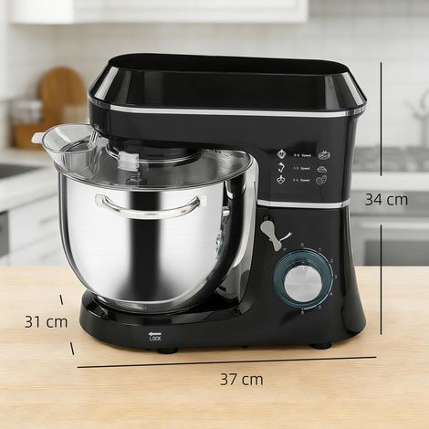 Robot pâtissier planétaire 1400 W avec bol de 7 L, 6 vitesses, crochet pétrisseur, fouet et batteur, noir (1/5)
