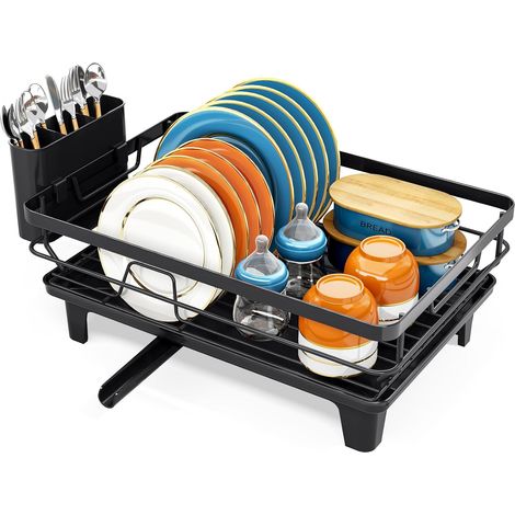 Escurridor de platos que ahorra espacio, soporte para utensilios, patas elevadas, gran capacidad, negro. (1/4)