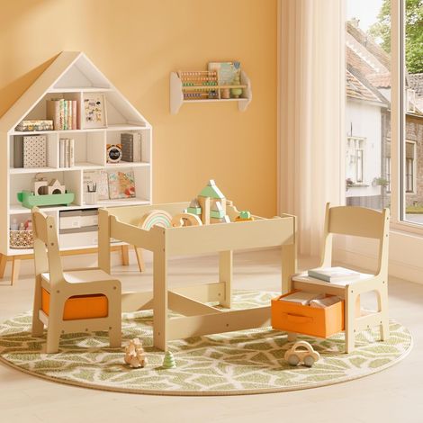 WOLTU Mobili Legno con Lavagna Contenitore Tavolo e 2 Sedie per Bambini Tavolino, Bianco (1/5)