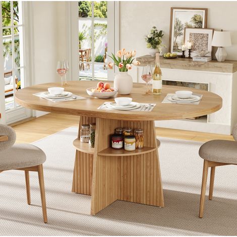 Table extensible 110-150x110x77,5 cm en MDF naturel, avec rangement pour salle à manger FloraGrace (1/5)
