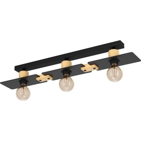 EGLO Deckenleuchte Bramerton, 3-flammige Deckenlampe, Wohnzimmerlampe aus natürlichem Holz und Metall in schwarz, FSCM70HB, Deckenbeleuchtung Wohnzimmer und Flur, E27 Fassung