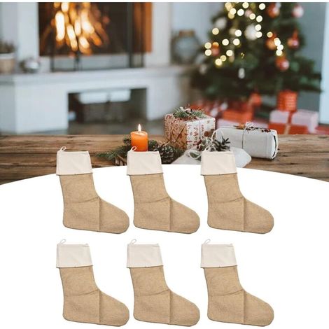XEPHO Lot de 6 grandes chaussettes de Noël en toile de jute avec boucle de suspension pour décoration de cheminée, chaussettes de Noël rustiques unies à faire soi-même