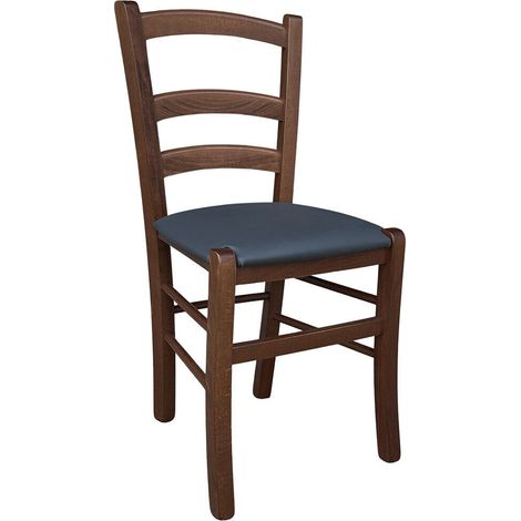 Chaise en bois vénitien en noyer foncé avec assise en similicuir gris anthracite (1/5)