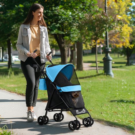 Petite poussette chien structure parapluie coussin lavable porte-gobelet fenêtres maille sac, bleu