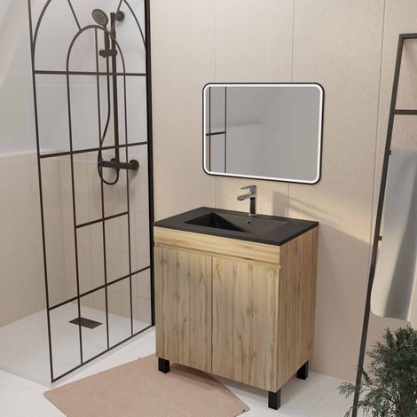 Mobile da bagno 70 Finitura Rovere Naturale 2 ante Lavabo nero e Specchio Led 70x50