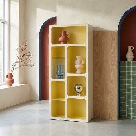Etagère bibliothèque organique décor bois 8 compartiments jaune - Agatha