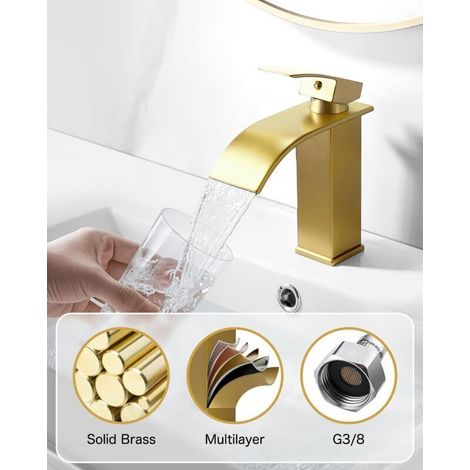 Robinet de lavabo au design moderne et élégant, robinet de salle de bain en laiton, robinet cascade doré. (1/4)