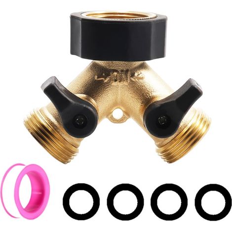 Répartiteur de Robinet en Y 2-Voies pour Tuyaux d'Arrosage et Machines à Laver, Connecteur Double en Laiton avec Robinets d'Arrêt Individuels, Compatible pour Raccords 3/4 Pouces et 1/2 Pouces