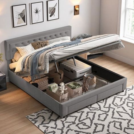 Cama con cofres 180x200 - Gris antracita - Mecanismo de elevación silencioso - Cajón de almacenamiento - Terciopelo acolchado