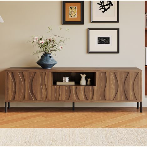 Mueble TV 160x35x46 cm natural en MDF con 3 puertas onduladas y pasacables (1/5)