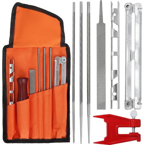 Kit d'affûtage universel pour chaînes de tronçonneuse – Comprend des limes de 5/32", 3/16" et 7/32", des manches en bois, des jauges de profondeur, des guides, des pochettes à outils et des pinces pou (1/5)