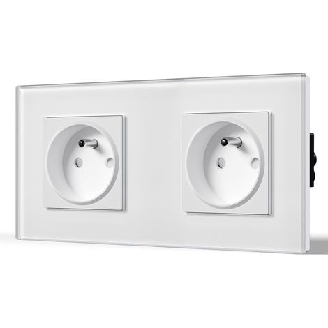 Prise Murale Prises de courant Alternatif 2 Gang Cadre en Verre Trempé Norme Française 16 Amp 240V 157mm Blanc (1/5)