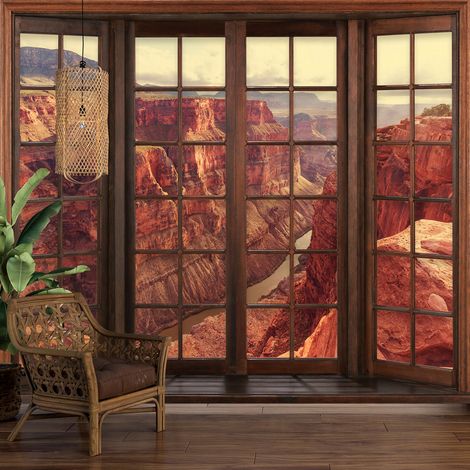 Papier peint panoramique Trompe l'oeil Fenêtre en bois - Grand Canyon - 130 cm x 104 cm (1/5)