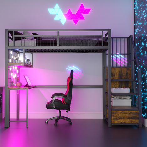 Cama alta de metal negra 90x200 cm, con escritorio, estantes y escalera con almacenaje
