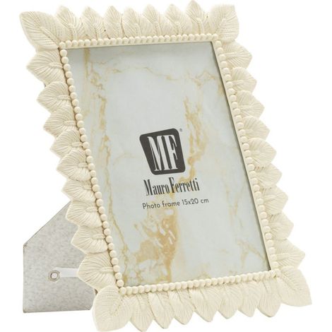 Cornice portafoto Light Leaf in resina crema con foglie 15x20