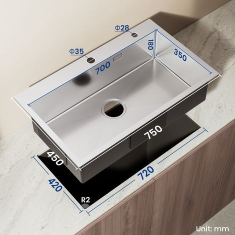 Évier Cuisine en Inox 75 x 45 x 19 CM Évier 1 Bac avec Égouttoir pliable et Système de Drainage, Évier à Encastrer pour Meuble de 80 cm