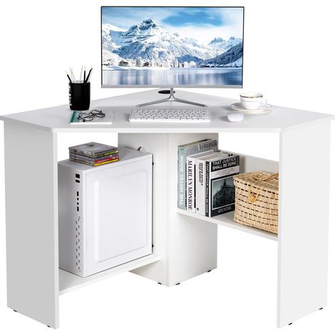 90° Corner Desk Computer Table Home Office Writing Desk Workstation w/ Shelves (1/5)