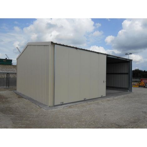 4M – Garage métal double pente 80m² – Ossature acier galvanisé renforcé – Hauteur faîtage 4025mm – Portail coulissant isolant 5000x3000mm
