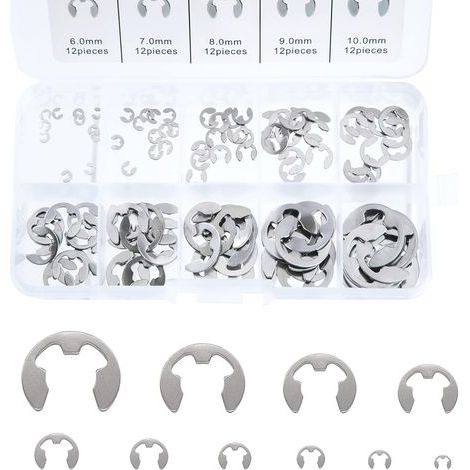 BRAVIX Anneau E-Clip en Acier Inoxydable, 120 Pcs Bague de Retenue Externe Snap Kit, M1,5-M10 Assortiment Circlip avec Boîte de Rangement, pour la Rainure de l'arbre de la Machine (1/5)
