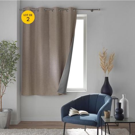 Lot de 2 Rideaux a oeillets 140 x 180 cm 100% occultant thermique Crepuscule Beige (1/5)