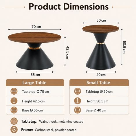 DESMIU Tables basses gigognes rondes avec 2 pièces, base en métal, pour salon, couleur noyer et noir (1/3)